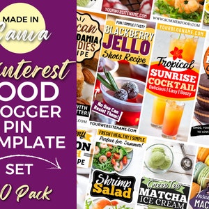 May include: A set of 10 Pinterest food blogger pin templates, featuring various food recipes and images. The templates are designed in a colorful and eye-catching style, with text overlays and graphics. The text includes titles like "Blackberry Jello Shots Recipe", "Tropical Sunrise Cocktail", "Healthy Peanut Butter Cups Recipe", "Shrimp Salad", and "Green Tea Matcha Ice Cream".