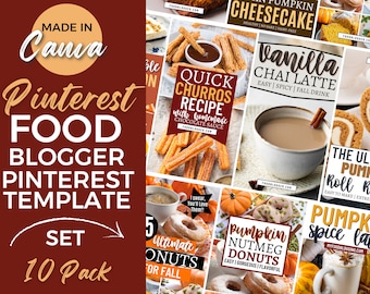 Puede incluir: Un conjunto de 10 plantillas de blogueros de comida de Pinterest con recetas de otoño, que incluyen pastel de queso de calabaza, churros rápidos, latte de chai de vainilla, donas de nuez moscada de calabaza y latte de especias de calabaza. Las plantillas están diseñadas en un estilo moderno y minimalista con una paleta de colores cálidos.