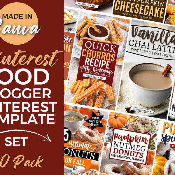 10 Pinterest Templates, Food Template, Pinterest Pins, Pinterest Pin Templates, Food Blogger Template, Pinterest Template, Canva Templates