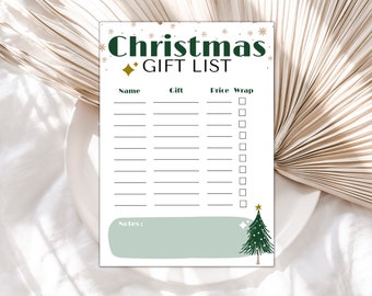 May include: Printable Christmas gift list with a green and gold design. The list includes columns for name, gift, price, and wrap. There is a section for notes at the bottom of the page.