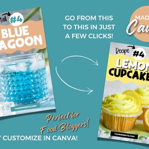 Puede incluir: Dos im&aacute;genes que muestran c&oacute;mo crear un gr&aacute;fico de receta o c&oacute;ctel usando Canva. La primera imagen muestra un c&oacute;ctel Blue Lagoon con el texto "Cocktail #4 BLUE LAGOON" y "YOURWEBSITE.COM". La segunda imagen muestra cupcakes de lim&oacute;n con el texto "Receta #4 CUPCAKES DE LIM&Oacute;N" y "YOURWEBSITE.COM". El texto "&iexcl;VAYA DE ESTO A ESTO EN SOLO UNOS POCOS CLICKS!" y "HECHO EN Canva" tambi&eacute;n se incluye en la imagen.