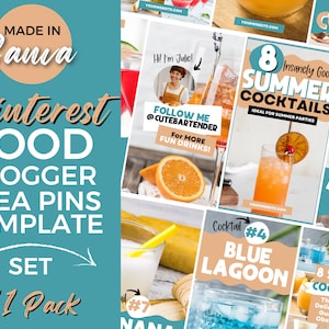 Puede incluir: Un conjunto de 11 plantillas de pines de ideas para blogueros de comida de Pinterest, creadas en Canva. Las plantillas presentan fondos e im&aacute;genes de comida y bebidas coloridos, con superposiciones de texto que incluyen t&iacute;tulos como "Insanely Good Summer Cocktails" y "Blue Lagoon".