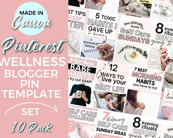 May include: A collage of pink and white images with text about wellness, self-care, and morning routines. The text includes phrases like "5 Toxic Habits I Gave Up", "7 Best Morning Habits", and "8 Evening Rituals Before Going to Bed".