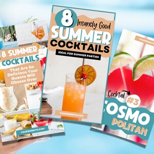 Puede incluir: Tres plantillas de historias de Instagram para c&oacute;cteles de verano. La primera plantilla presenta un collage de ocho c&oacute;cteles diferentes con el texto "8 c&oacute;cteles de verano que son tan deliciosos que tus invitados se volver&aacute;n adictos". La segunda plantilla presenta un solo c&oacute;ctel con el texto "8 c&oacute;cteles de verano incre&iacute;blemente buenos Ideales para fiestas de verano". La tercera plantilla presenta un primer plano de un c&oacute;ctel Cosmopolitan con el texto "C&oacute;ctel #3 Cosmo Politian".
