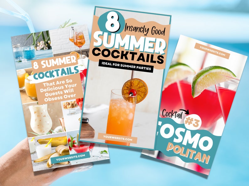 Puede incluir: Tres plantillas de historias de Instagram para c&oacute;cteles de verano. La primera plantilla presenta un collage de ocho c&oacute;cteles diferentes con el texto "8 c&oacute;cteles de verano que son tan deliciosos que tus invitados se volver&aacute;n adictos". La segunda plantilla presenta un solo c&oacute;ctel con el texto "8 c&oacute;cteles de verano incre&iacute;blemente buenos Ideales para fiestas de verano". La tercera plantilla presenta un primer plano de un c&oacute;ctel Cosmopolitan con el texto "C&oacute;ctel #3 Cosmo Politian".