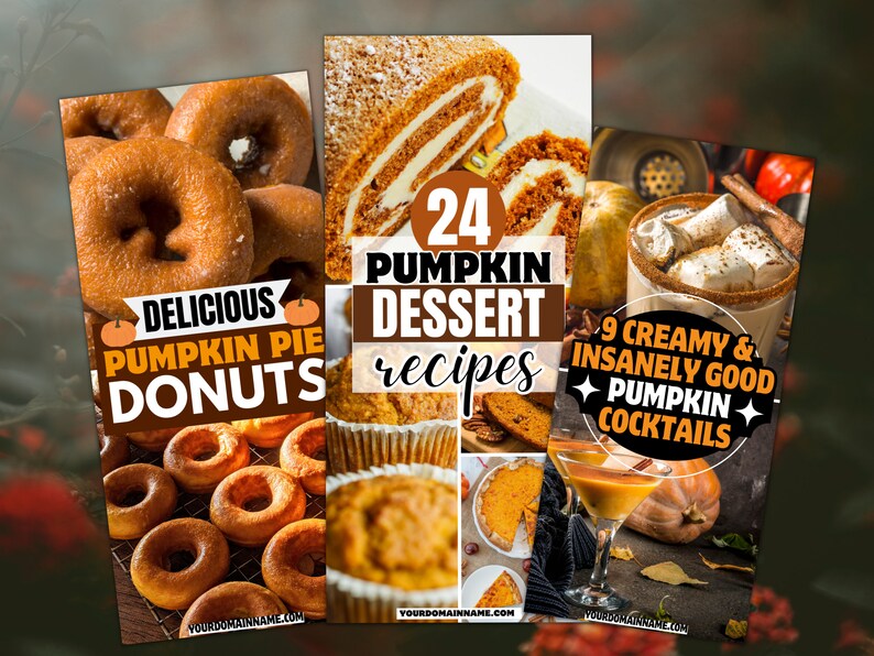 May include: A collage of three images featuring pumpkin-themed desserts and drinks. The first image shows pumpkin pie donuts. The second image shows a variety of pumpkin desserts with the text "24 Pumpkin Dessert Recipes". The third image shows pumpkin cocktails with the text "9 Creamy & Insanely Good Pumpkin Cocktails".