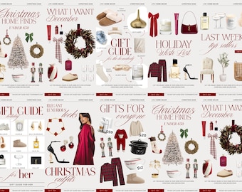 May include: A collage of Christmas-themed items, including a decorated tree, wreaths, and gift ideas. The image features text such as "Christmas Home Finds Under $50" and "What I Want December".
