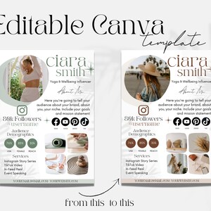 May include: A Canva template for a yoga and wellbeing influencer's social media profile. The template features a light brown background with a photo of a woman in a white tank top and a hat. The text "ciara smith" is in a brown font with a star symbol. The text "Yoga & Wellbeing Influencer" is in a smaller brown font. The text "About Me" is in a brown font. The text "Here you're going to tell your audience about your brand, about you, your niche. Include your goals and mission statement" is in a brown font. The text "80k Followers @username" is in a brown font. The text "Audience Demographics" is in a brown font. The text "76% 85% 30k" is in a brown font. The text "USA FEMALE REACH" is in a brown font. The text "Services" is in a brown font. The text "Instagram Story Series TikTok Video In-Feed Real Event Speaking" is in a brown font. The text "YOUREMAIL@GMAIL.COM YOURWEBSITE.COM" is in a brown font.