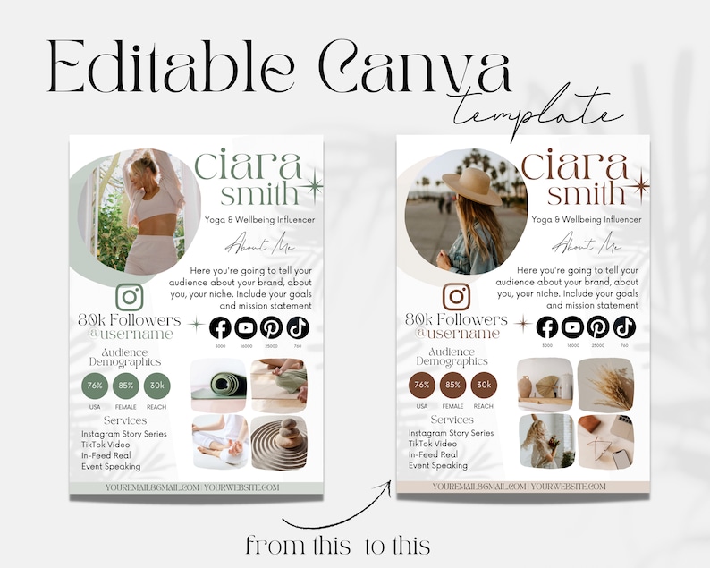 May include: A Canva template for a yoga and wellbeing influencer's social media profile. The template features a light brown background with a photo of a woman in a white tank top and a hat. The text "ciara smith" is in a brown font with a star symbol. The text "Yoga & Wellbeing Influencer" is in a smaller brown font. The text "About Me" is in a brown font. The text "Here you're going to tell your audience about your brand, about you, your niche. Include your goals and mission statement" is in a brown font. The text "80k Followers @username" is in a brown font. The text "Audience Demographics" is in a brown font. The text "76% 85% 30k" is in a brown font. The text "USA FEMALE REACH" is in a brown font. The text "Services" is in a brown font. The text "Instagram Story Series TikTok Video In-Feed Real Event Speaking" is in a brown font. The text "YOUREMAIL@GMAIL.COM YOURWEBSITE.COM" is in a brown font.