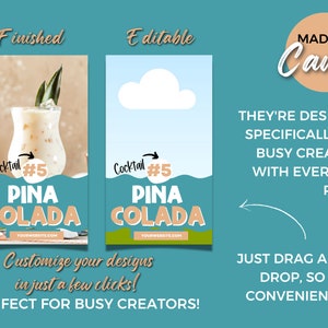 Puede incluir: Una plantilla gr&aacute;fica digital para publicaciones en redes sociales con un c&oacute;ctel llamado "Pina Colada" con una guarnici&oacute;n de pi&ntilde;a. La plantilla est&aacute; dise&ntilde;ada para creadores ocupados e incluye el texto "Cocktail #5" y "Pina Colada".