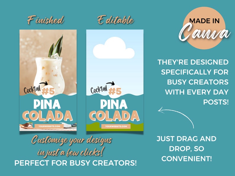 Puede incluir: Una plantilla gr&aacute;fica digital para publicaciones en redes sociales con un c&oacute;ctel llamado "Pina Colada" con una guarnici&oacute;n de pi&ntilde;a. La plantilla est&aacute; dise&ntilde;ada para creadores ocupados e incluye el texto "Cocktail #5" y "Pina Colada".