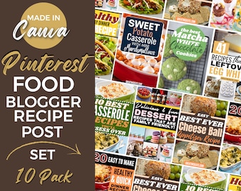 Puede incluir: Un collage de 10 plantillas de publicaciones de recetas de blogueros de comida de Pinterest. Las plantillas presentan una variedad de recetas, que incluyen pastel de boniato, galletas de chocolate blanco matcha y aperitivos de bola de queso. El texto "Made in Canva" aparece en la esquina superior izquierda de la imagen.