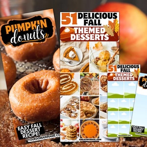 May include: A collage of images featuring fall-themed desserts, including pumpkin donuts, pumpkin pie, apple crisp, and cinnamon rolls. The text "51 Delicious Fall Themed Desserts" is displayed on the top of the collage. The text "Easy Fall Dessert Recipe!" is displayed on the bottom of the collage.