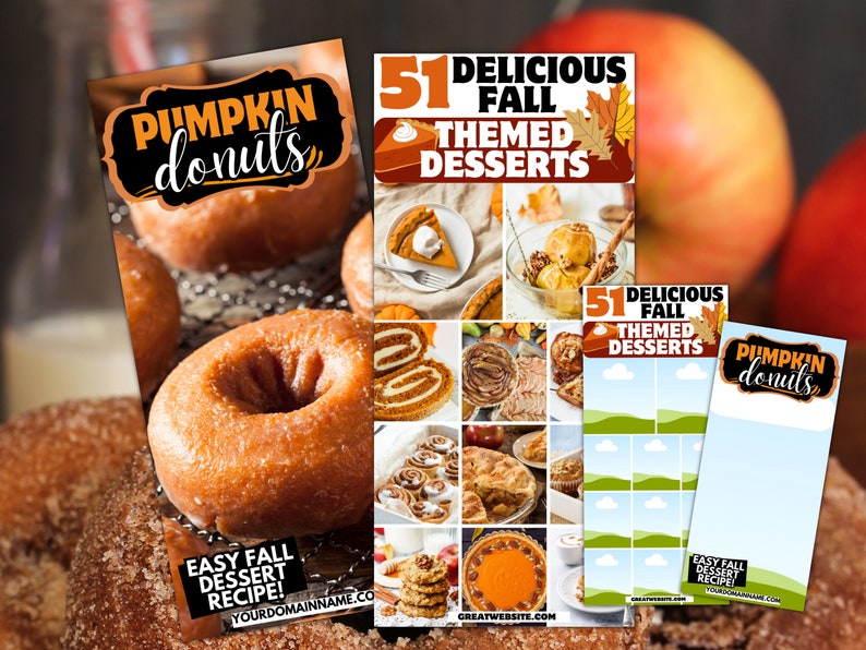 May include: A collage of images featuring fall-themed desserts, including pumpkin donuts, pumpkin pie, apple crisp, and cinnamon rolls. The text "51 Delicious Fall Themed Desserts" is displayed on the top of the collage. The text "Easy Fall Dessert Recipe!" is displayed on the bottom of the collage.