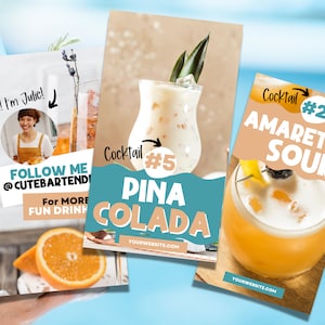 Puede incluir: Tres plantillas de historias de Instagram para c&oacute;cteles. La primera plantilla presenta a una mujer sosteniendo un vaso de una bebida rosa con una ramita de lavanda. La segunda plantilla presenta un vaso de una bebida blanca con una guarnici&oacute;n de pi&ntilde;a. La tercera plantilla presenta un vaso de una bebida amarilla con una guarnici&oacute;n de cereza. El texto en las plantillas dice: "&iexcl;Hola! &iexcl;Soy Julie! &iexcl;S&iacute;gueme @cutebartender! Para m&aacute;s bebidas divertidas", "C&oacute;ctel #5 Pi&ntilde;a Colada" y "C&oacute;ctel #2 Amaretto Sour".