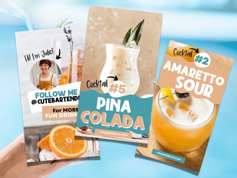 Puede incluir: Tres plantillas de historias de Instagram para c&oacute;cteles. La primera plantilla presenta a una mujer sosteniendo un vaso de una bebida rosa con una ramita de lavanda. La segunda plantilla presenta un vaso de una bebida blanca con una guarnici&oacute;n de pi&ntilde;a. La tercera plantilla presenta un vaso de una bebida amarilla con una guarnici&oacute;n de cereza. El texto en las plantillas dice: "&iexcl;Hola! &iexcl;Soy Julie! &iexcl;S&iacute;gueme @cutebartender! Para m&aacute;s bebidas divertidas", "C&oacute;ctel #5 Pi&ntilde;a Colada" y "C&oacute;ctel #2 Amaretto Sour".