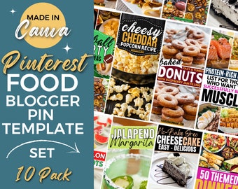 Puede incluir: Un gráfico turquesa con texto que dice "Made in Canva Pinterest Food Blogger Pin Template Set 10 Pack". La imagen también presenta varias plantillas de pines de Pinterest relacionadas con la comida, incluyendo recetas de palomitas de maíz, donas y margaritas.