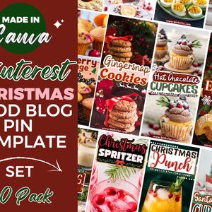 Könnte beinhalten: Ein Set von 10 Weihnachtsvorlagen für Food-Blog-Pins, entworfen in Canva. Die Vorlagen zeigen Bilder von festlichen Leckereien wie Keksen, Cupcakes und Getränken mit Textüberlagerungen. Der Hintergrund ist ein tiefes Rot.