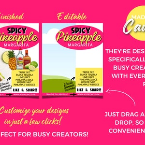 Puede incluir: Dos dise&ntilde;os gr&aacute;ficos rosa y amarillo para publicaciones en redes sociales. Los dise&ntilde;os presentan un vaso de margarita con rodajas de pi&ntilde;a y lima. El texto dice "Spicy Pineapple Margarita" e incluye los ingredientes e instrucciones para preparar la bebida. El texto tambi&eacute;n dice "Grab the full recipe at www.bestrecipes.com". Los dise&ntilde;os est&aacute;n etiquetados como "Finished" y "Editable".