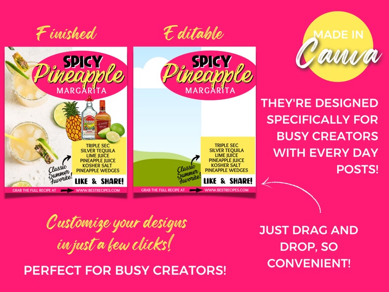 Puede incluir: Dos dise&ntilde;os gr&aacute;ficos rosa y amarillo para publicaciones en redes sociales. Los dise&ntilde;os presentan un vaso de margarita con rodajas de pi&ntilde;a y lima. El texto dice "Spicy Pineapple Margarita" e incluye los ingredientes e instrucciones para preparar la bebida. El texto tambi&eacute;n dice "Grab the full recipe at www.bestrecipes.com". Los dise&ntilde;os est&aacute;n etiquetados como "Finished" y "Editable".