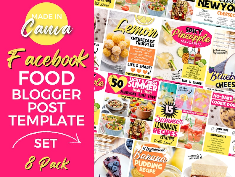 Puede incluir: Un gr&aacute;fico rosa y amarillo con el texto "Made in Canva Facebook Food Blogger Post Template Set 8 Pack". El gr&aacute;fico es un collage de 8 im&aacute;genes diferentes con tem&aacute;tica de comida, incluyendo un pastel de queso, una margarita de pi&ntilde;a, un pastel de queso de ar&aacute;ndanos y un pud&iacute;n de pl&aacute;tano.