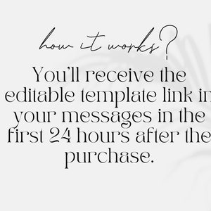May include: Text on a white background with a shadow of a plant in the background. The text reads: "how it works? You'll receive the editable template link in your messages in the first 24 hours after the purchase."