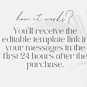 Puede incluir: Texto sobre un fondo blanco con una sombra de una planta en el fondo. El texto dice: "how it works? You'll receive the editable template link in your messages in the first 24 hours after the purchase."