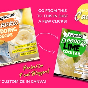 Puede incluir: Dos gr&aacute;ficos de redes sociales para blogueros de comida, uno para una receta de pud&iacute;n de pl&aacute;tano de 5 ingredientes y el otro para un c&oacute;ctel de lima con alcohol. Ambos gr&aacute;ficos presentan un fondo amarillo con un borde blanco y texto que dice "Made in Canva".