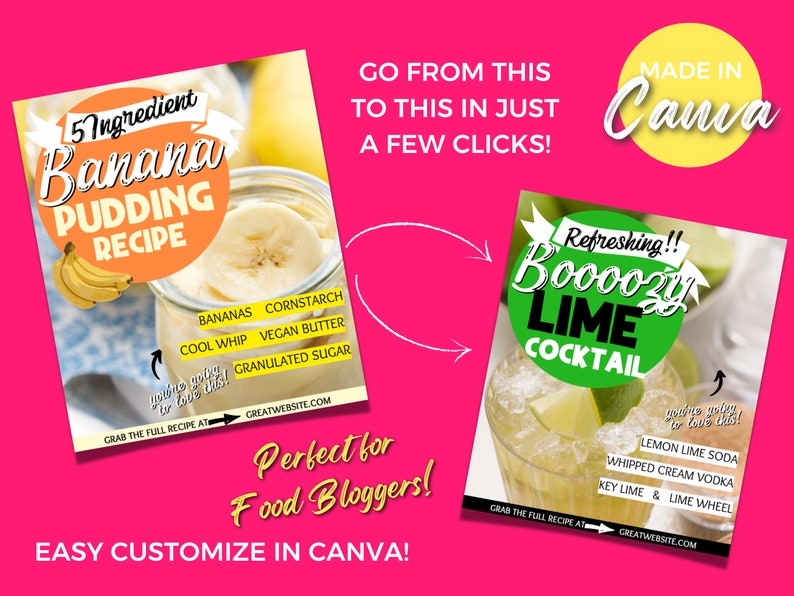 Puede incluir: Dos gr&aacute;ficos de redes sociales para blogueros de comida, uno para una receta de pud&iacute;n de pl&aacute;tano de 5 ingredientes y el otro para un c&oacute;ctel de lima con alcohol. Ambos gr&aacute;ficos presentan un fondo amarillo con un borde blanco y texto que dice "Made in Canva".
