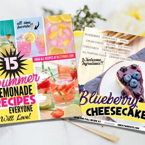 Puede incluir: Dos tarjetas de recetas, una para 15 recetas de limonada de verano y la otra para un pastel de queso con ar&aacute;ndanos. La tarjeta de limonada tiene un fondo amarillo con una estrella rosa e im&aacute;genes de bebidas de limonada. La tarjeta de pastel de queso tiene un fondo amarillo con una imagen de una rebanada de pastel de queso con ar&aacute;ndanos.