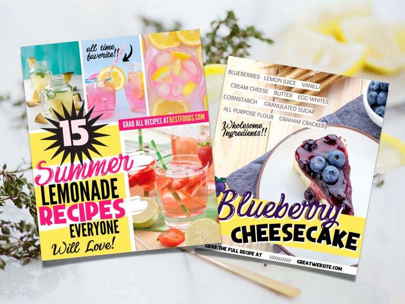 Puede incluir: Dos tarjetas de recetas, una para 15 recetas de limonada de verano y la otra para un pastel de queso con ar&aacute;ndanos. La tarjeta de limonada tiene un fondo amarillo con una estrella rosa e im&aacute;genes de bebidas de limonada. La tarjeta de pastel de queso tiene un fondo amarillo con una imagen de una rebanada de pastel de queso con ar&aacute;ndanos.