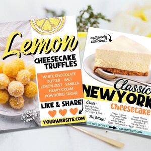 Puede incluir: Dos tarjetas de recetas para postres de cheesecake de lim&oacute;n. La primera tarjeta presenta un primer plano de trufas de cheesecake de lim&oacute;n, con el texto "Trufas de cheesecake de lim&oacute;n" y una lista de ingredientes. La segunda tarjeta muestra una porci&oacute;n de cheesecake cl&aacute;sico de Nueva York con el texto "Cheesecake cl&aacute;sico de Nueva York" y una lista de ingredientes para la corteza y el relleno.