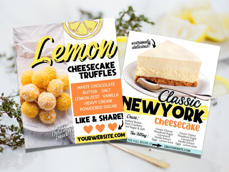 Puede incluir: Dos tarjetas de recetas para postres de cheesecake de lim&oacute;n. La primera tarjeta presenta un primer plano de trufas de cheesecake de lim&oacute;n, con el texto "Trufas de cheesecake de lim&oacute;n" y una lista de ingredientes. La segunda tarjeta muestra una porci&oacute;n de cheesecake cl&aacute;sico de Nueva York con el texto "Cheesecake cl&aacute;sico de Nueva York" y una lista de ingredientes para la corteza y el relleno.