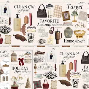 May include: A collage of various items, including a teddy bear sweater, a black and white checkered bowl, a brown tote bag, and a pair of brown sneakers. The image also features text that reads "Gift Guide for the Trendy Girl."