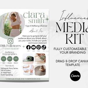 May include: A media kit template for an influencer, featuring a woman in a white tank top and white shorts. The template includes a photo of the influencer, social media icons, audience demographics, services offered, and contact information. The text "ciara smith" and "Yoga & Wellbeing Influencer" are at the top of the template. The text "Influencer Media Kit" is in a large font at the top right of the template. The text "FULLY CUSTOMIZABLE TO YOUR BRANDING" is below the title. The text "DRAG & DROP CANVA TEMPLATE" is below the branding text. The text "Canva" is at the bottom of the template.
