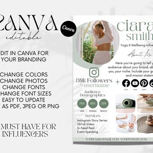 May include: A white and green graphic template for social media featuring a woman in a white tank top and yoga pants. The template includes the text "ciara smith", "Yoga & Wellbeing Influencer", "About Me", "80k Followers @username", "Audience Demographics", "Services", "Instagram Story Series", "TikTok Video", "In-Feed Real", "Event Speaking", "YOUREMAIL 86MAIL.COM YOURWEBSITE.COM", and icons for Facebook, YouTube, Pinterest, and TikTok.