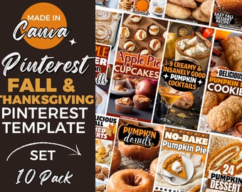 May include: A set of 10 Pinterest templates for Fall and Thanksgiving. The templates feature images of various fall-themed desserts, including pumpkin pie, apple pie cupcakes, pumpkin donuts, and pumpkin cookies. The text on the templates includes phrases like "Easy Fall Dessert Recipe!" and "Delicious Pumpkin Pie Cookies".