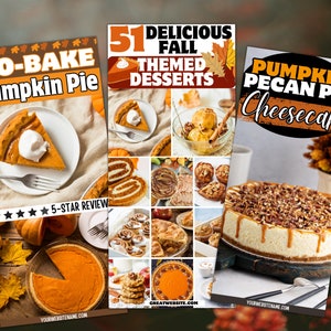 May include: Three images of fall-themed desserts. The first image shows a slice of pumpkin pie with whipped cream on top. The second image shows a collage of 51 fall-themed desserts. The third image shows a pumpkin pecan pie cheesecake.