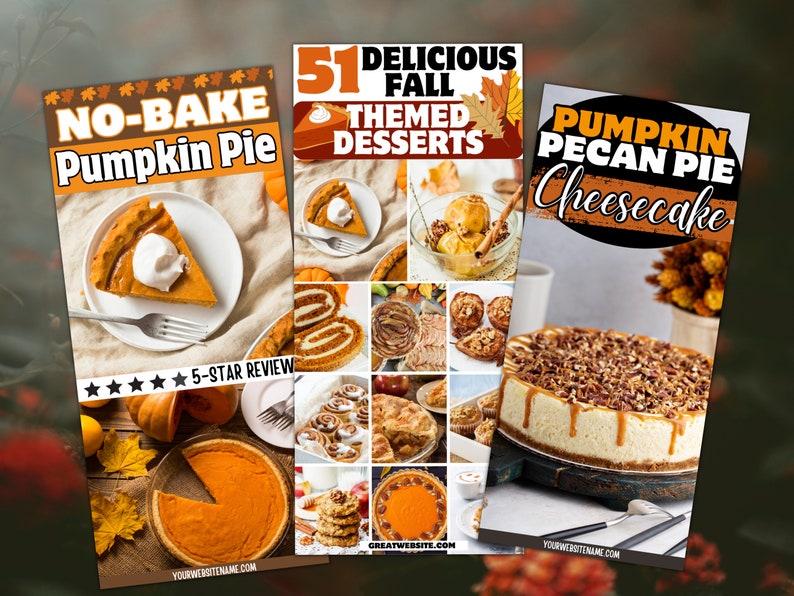 May include: Three images of fall-themed desserts. The first image shows a slice of pumpkin pie with whipped cream on top. The second image shows a collage of 51 fall-themed desserts. The third image shows a pumpkin pecan pie cheesecake.