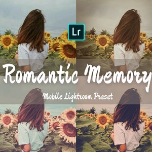 Könnte beinhalten: Ein mobiles Lightroom-Preset namens "Romantic Memory" mit einer Frau, die in einem Sonnenblumenfeld steht. Das Preset verleiht dem Bild einen Vintage-Look mit verblassten Farben.