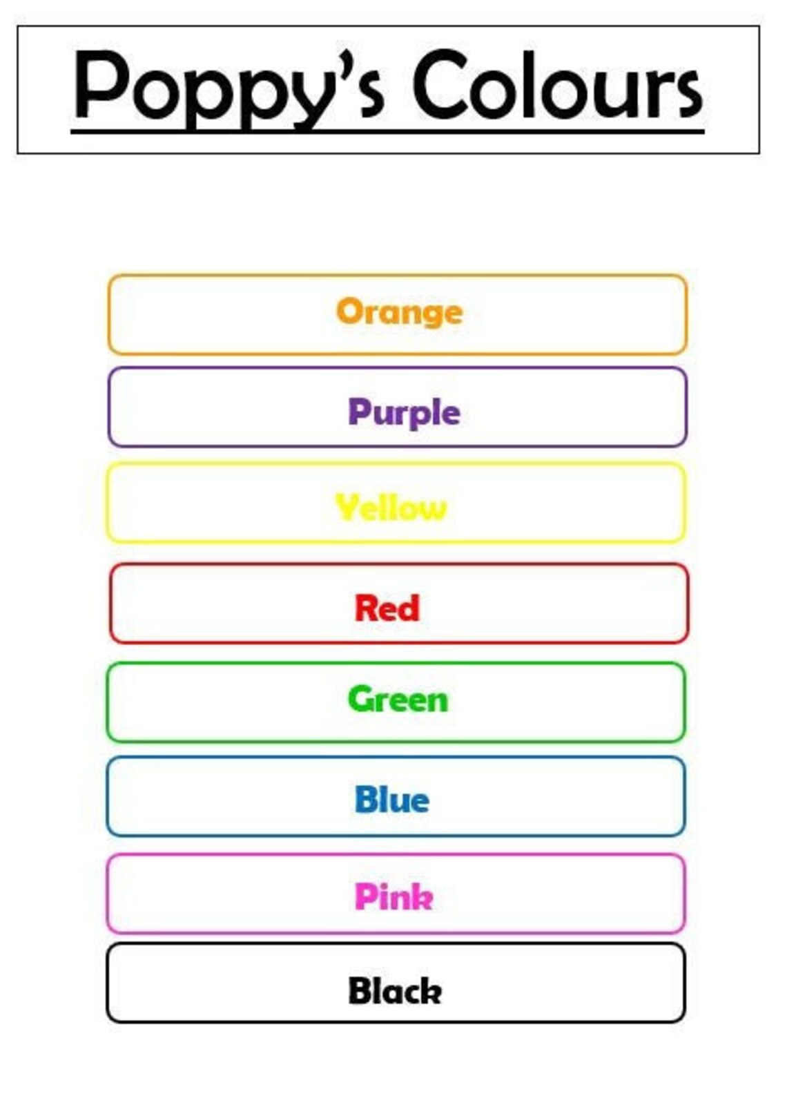 Visual Colour Match Chart Learning Colours Personalised Name Etsy