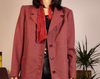 vintage laine rouge blazer vérifier damier motif veste femmes M-L