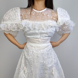 The White Rose Wedding Dress Vintage puff sleeves ruffles bridal princess ball gown Victorian style lace tulle M image 1