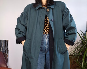 Trench-coat réversible 2 en 1 vintage en laine bleu marine vert sarcelle longue doublure femme M