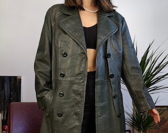 Manteau vintage en cuir véritable vert kaki long maxi trench-coat club matrice femmes S