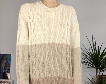 Vintage sweater cable knit cream white plain knitted pullover jumper long arms women M