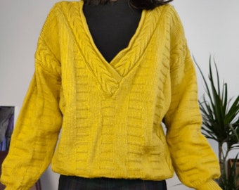 Pull vintage en laine mélangée en tricot torsadé jaune moutarde uni automne hiver pull-over en tricot col V M