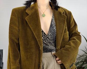 Vintage cord blazer corduroy khaki green ribbed jacket women unisex men 50 M-L