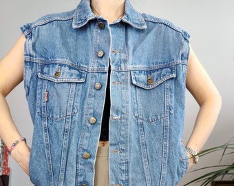 Vintage Wild Jeans denim gilet sans manches bleu taille manteau veste femmes hommes unisexe M