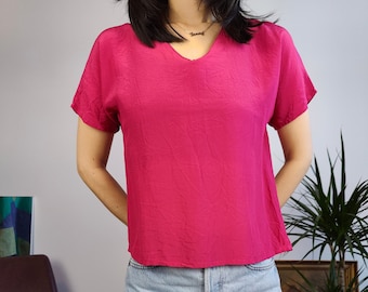 Vintage 100% silk top blouse magenta pink plain short sleeve women S